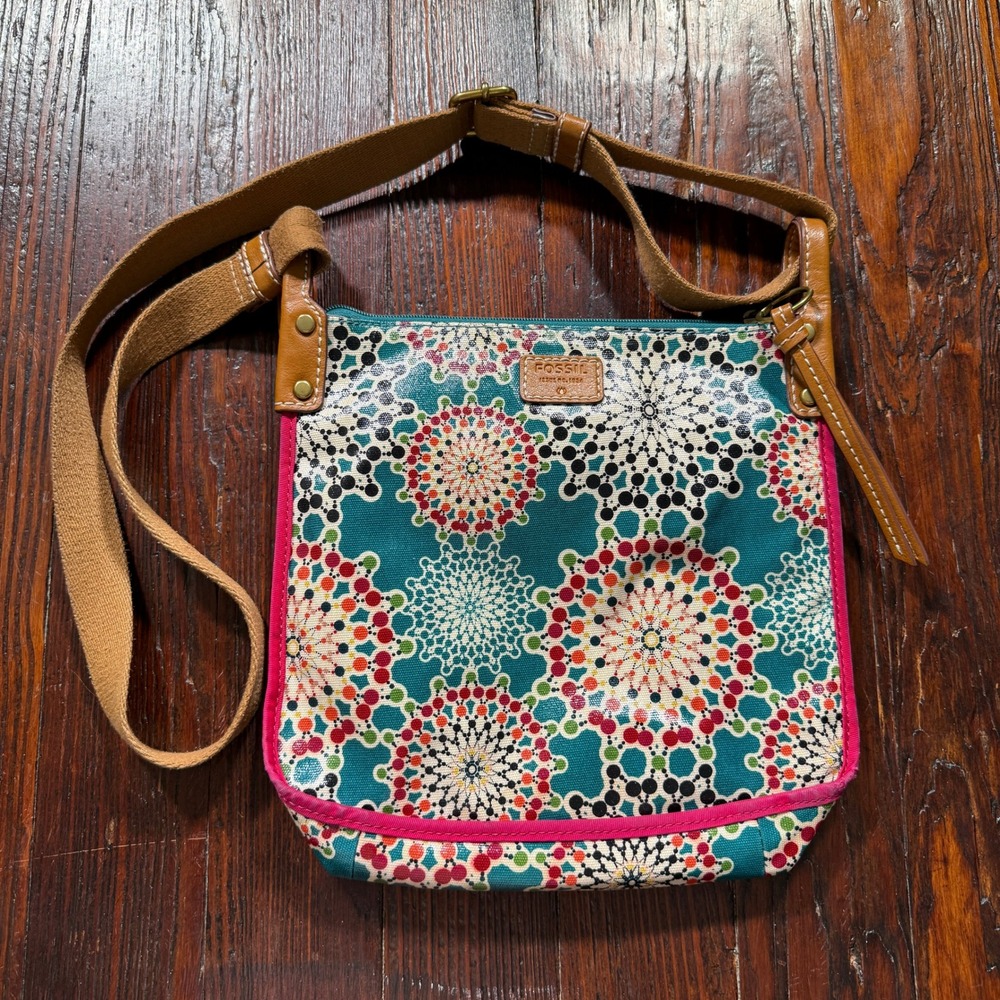 Fossil Crossbody Bag Purse Teal Multicolor Floral Medallion Coated Canvas Y2K